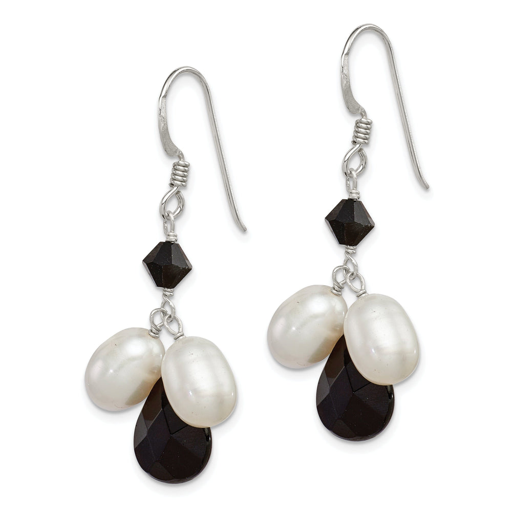 Silver Onyx White Pearl Black Crystal Earrings