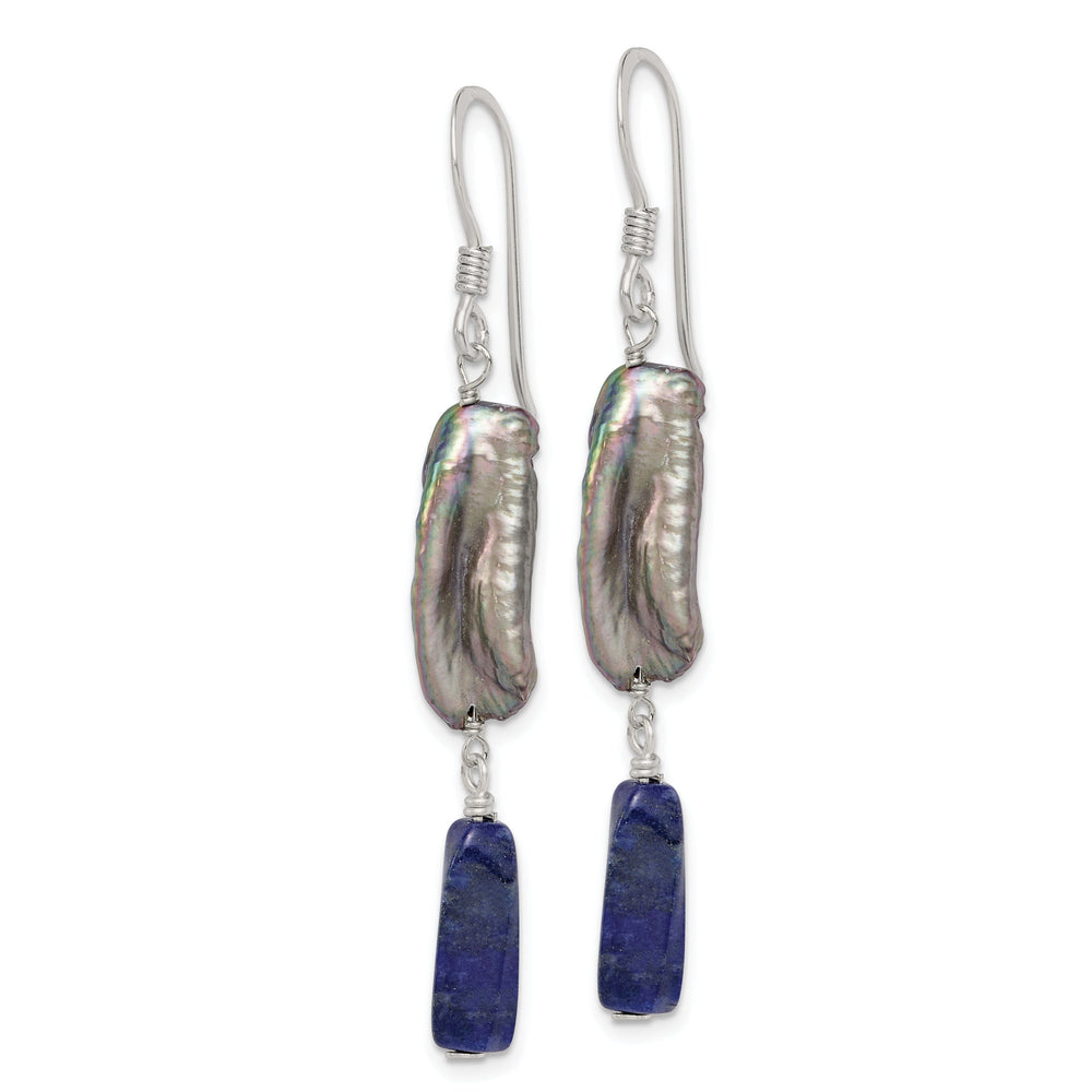 Silver Blue Lapis Grey Pearl Dangle Earrings