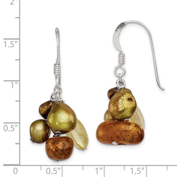 Silver Amber Citrine Pearl Dangle Earrings