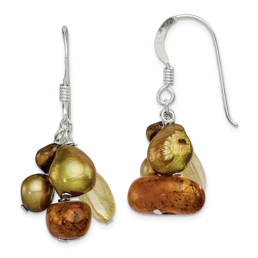 Silver Amber Citrine Pearl Dangle Earrings