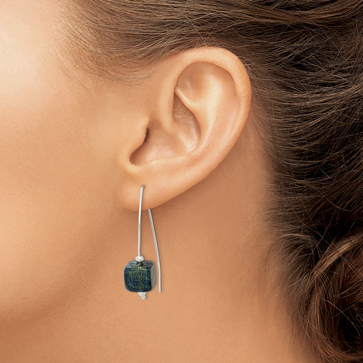 Silver Blue Dichroic Glass Thread Earrings
