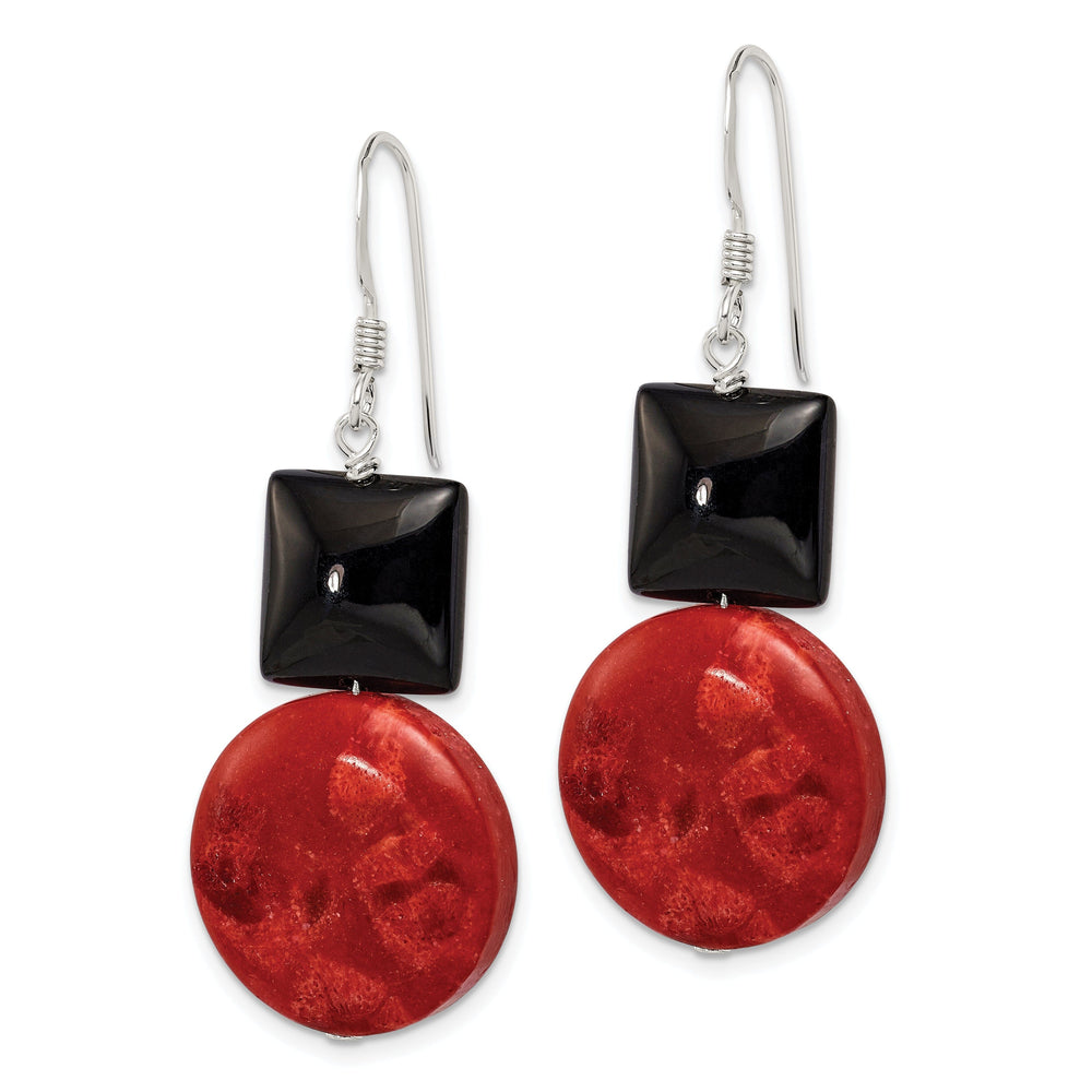 Silver Black Agate Red Coral Dangle Earrings