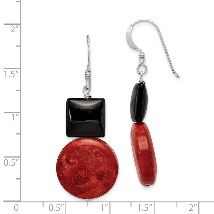 Silver Black Agate Red Coral Dangle Earrings