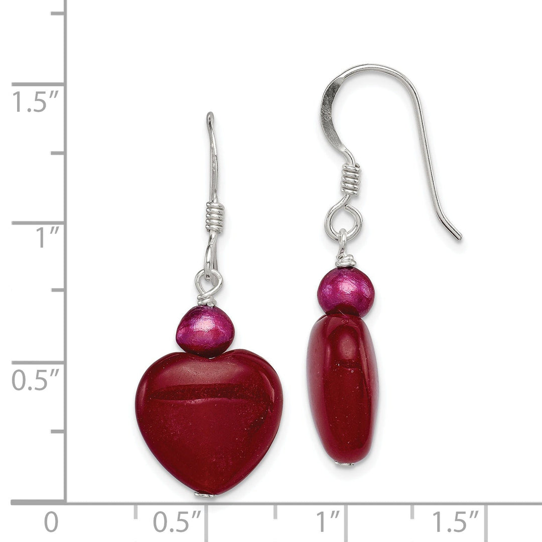 Silver Red Jade Hearts Pearl Drop Earrings
