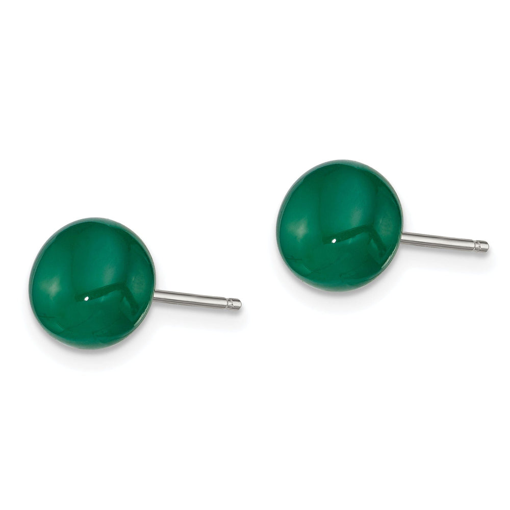 Silver Button Emerald Green Agate Post Earrings