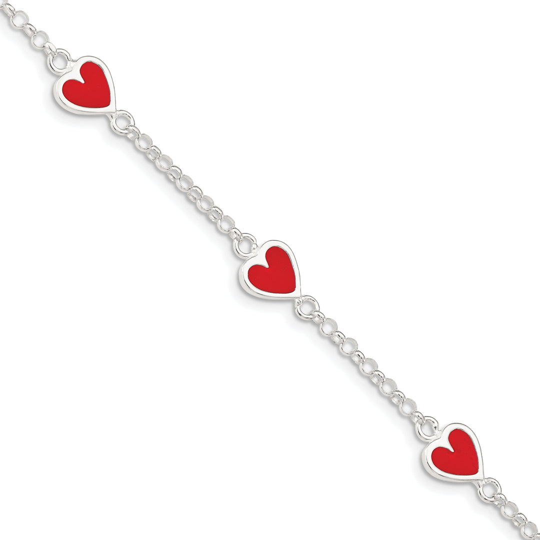 Silver Polished Enamel Red Heart Child Bracelet