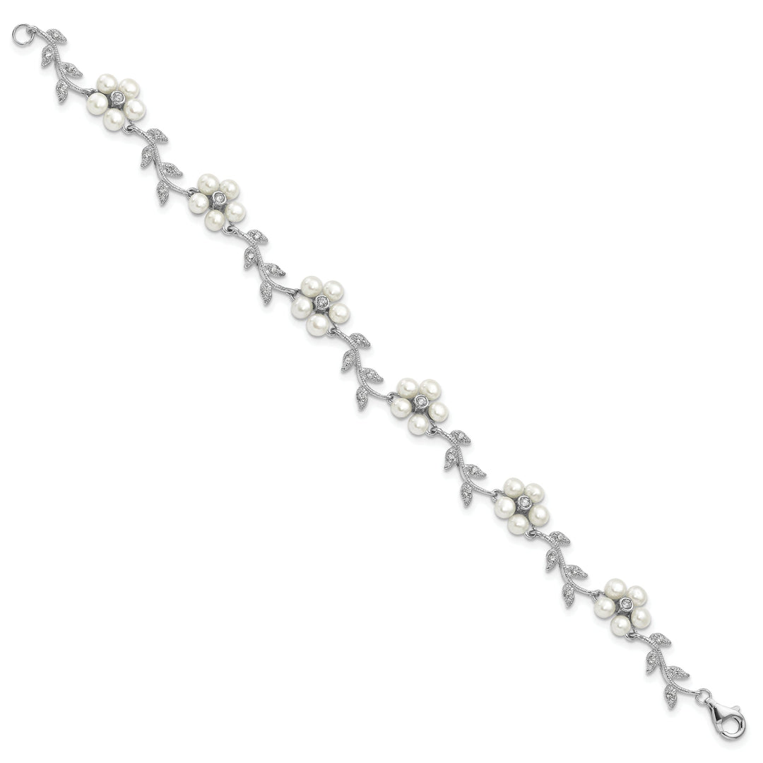 Silver Fresh Water Pearl C.Z Floral Bracelet
