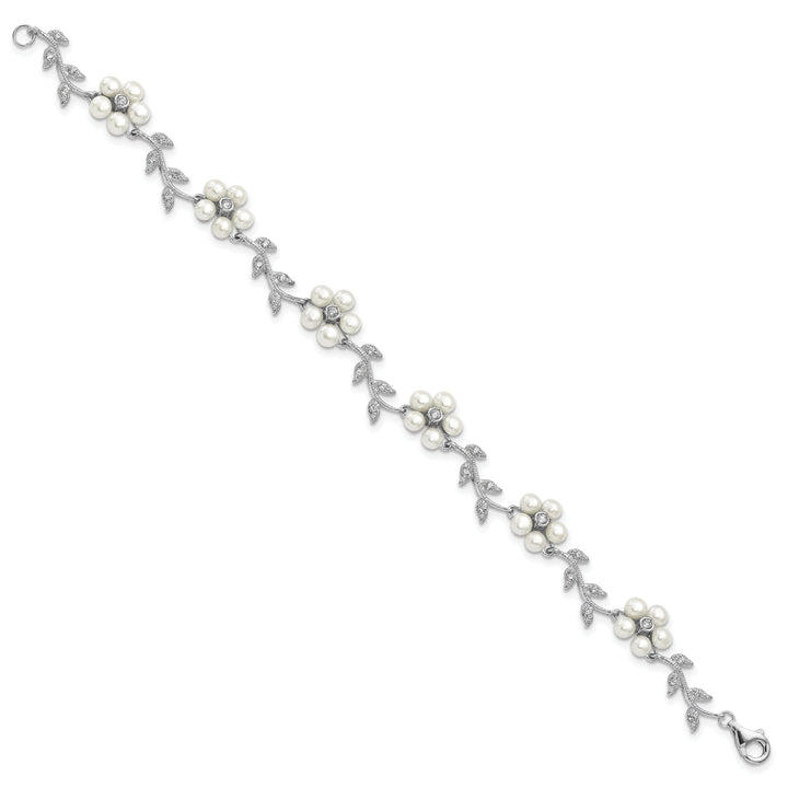 Silver Fresh Water Pearl C.Z Floral Bracelet