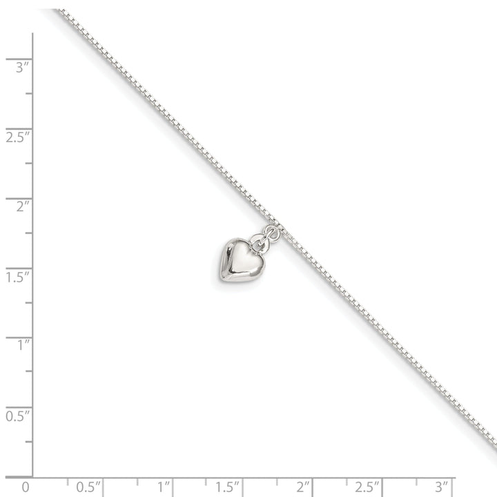 Sterling Silver 10inch 3-D Puffed Heart Anklet