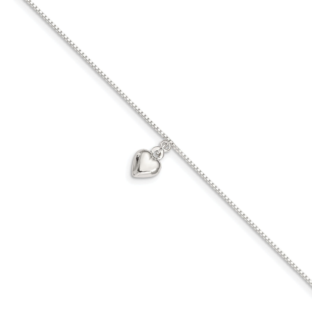 Sterling Silver 10inch 3-D Puffed Heart Anklet