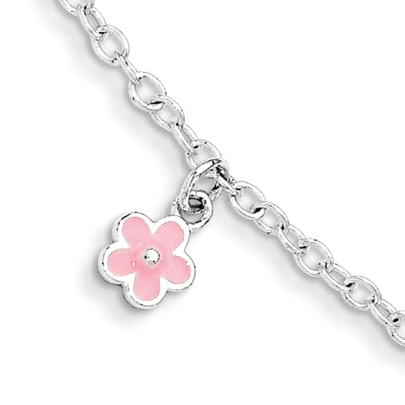 Silver Pink Enamel Dangle Flower Kids Bracelet