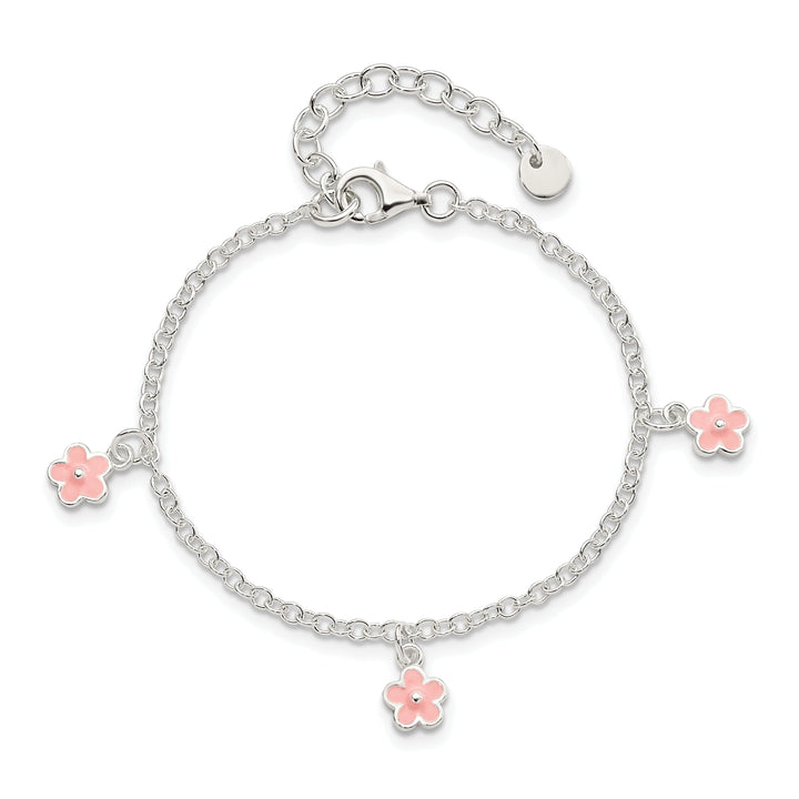 Silver Pink Enamel Dangle Flower Kids Bracelet