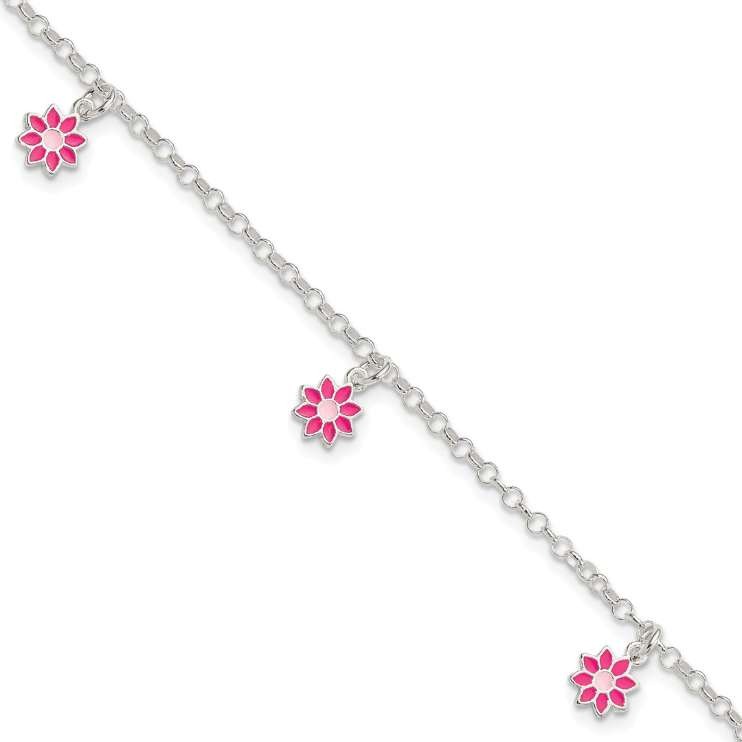 Silver Children Enameled Dangle Flower Bracelet