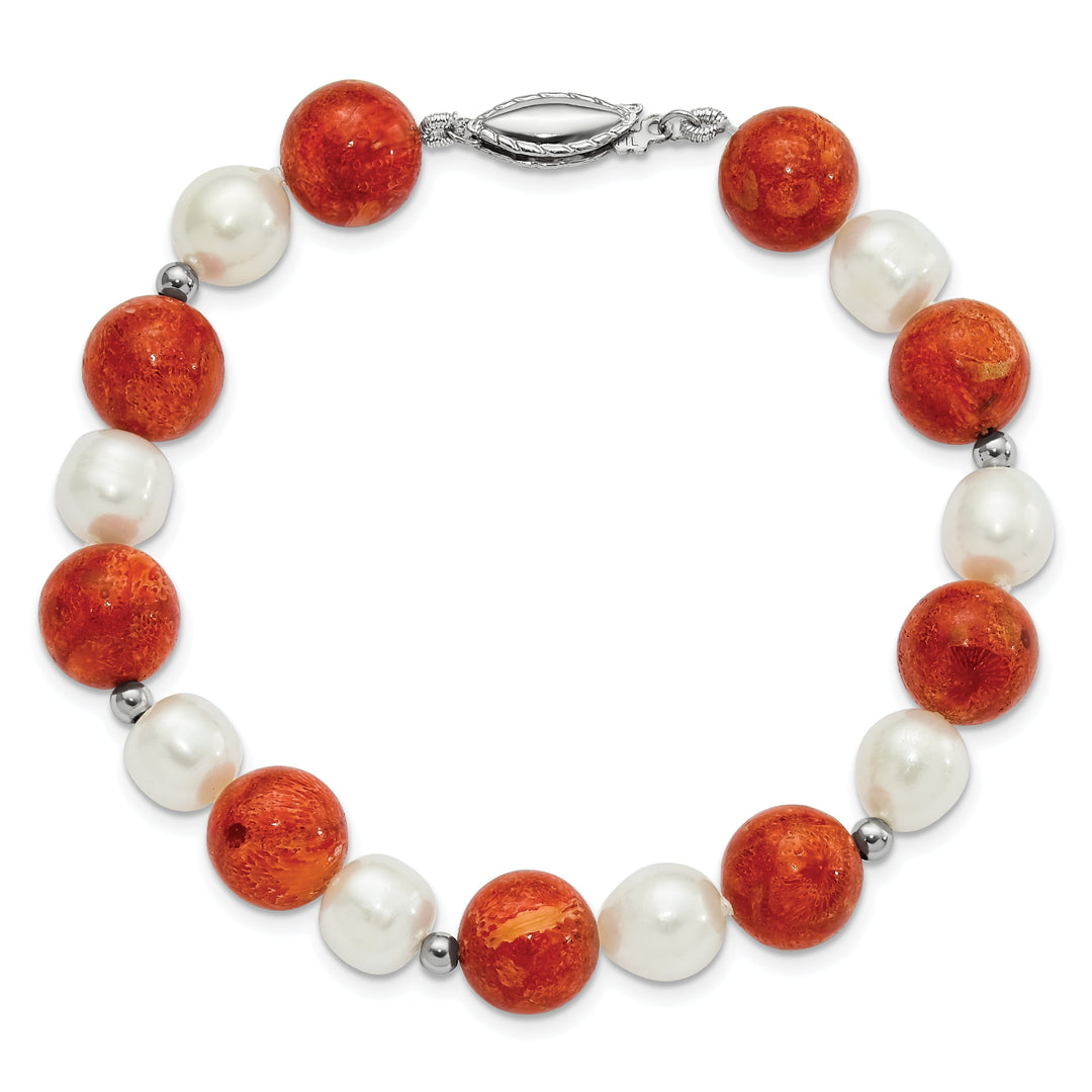 Silver Pearl Stabilized Red Coral Bracelet
