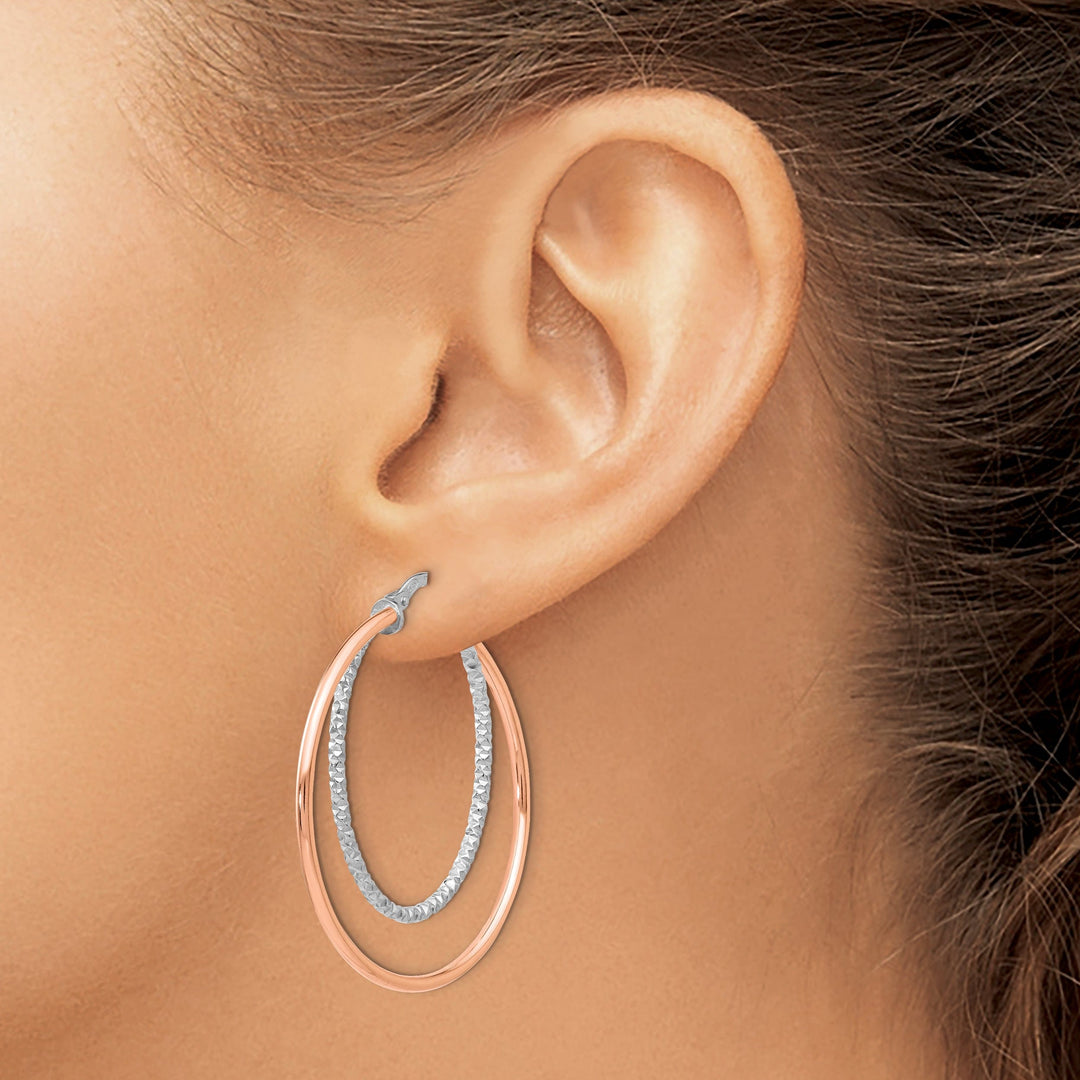 Silver Rose Gold-tone Diamond Cut Hoop Earrings