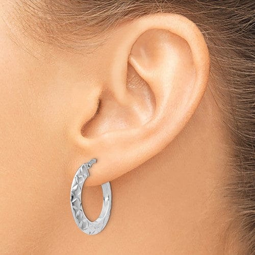 Silver Polished Textured Hoop Earrings