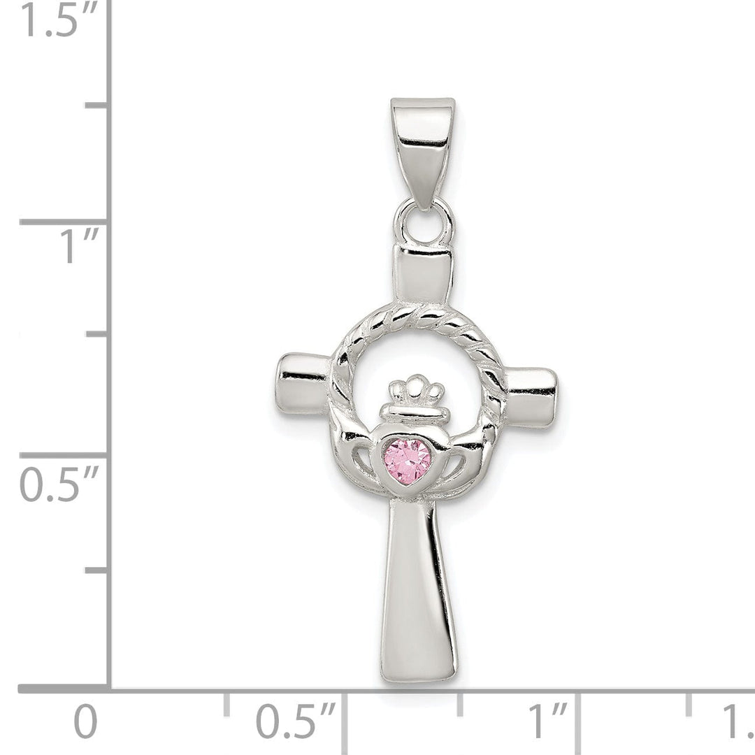 Silver Polished Pink C.Z Claddagh Cross Pendant