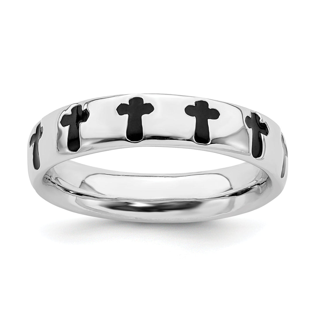 Sterling Silver Polished Enameled Cross Ring