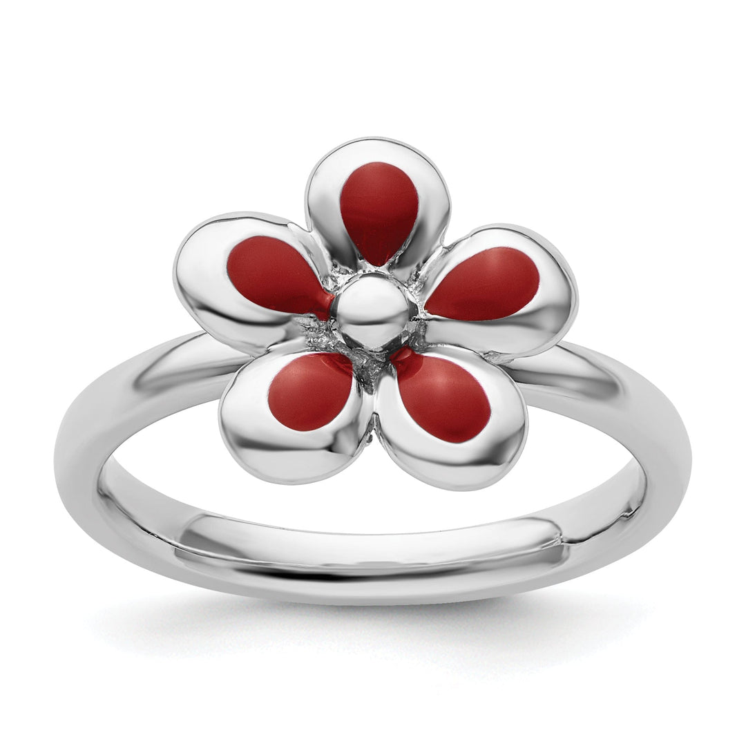 Sterling Silver Red Enameled Flower Ring