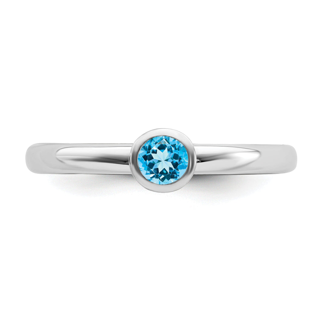 Sterling Silver High 4MM Round Blue Topaz Ring