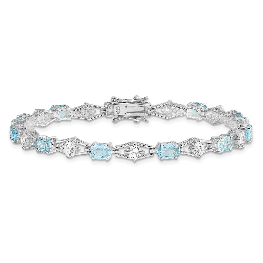 Silver Polished Blue Topaz Gemstone CZ Bracelet
