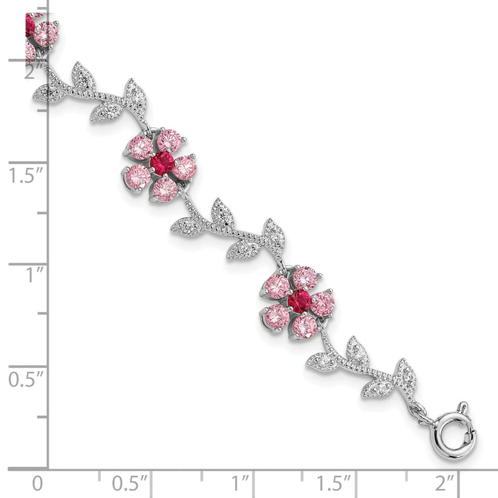 Silver Pink Cubic Zirconia Flower Bracelet