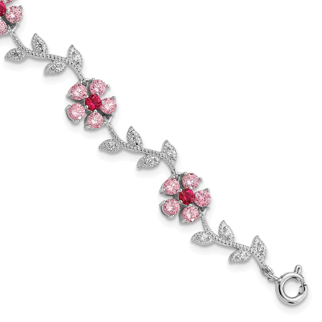 Silver Pink Cubic Zirconia Flower Bracelet