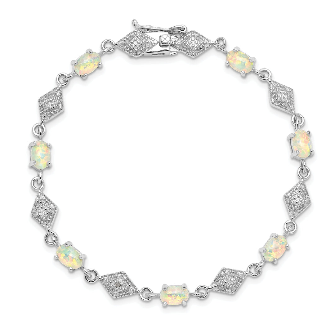 Silver Polished White Created Opal C.Z Bracelet
