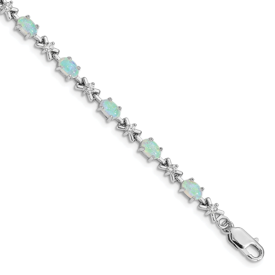 Silver Polished White Created Opal C.Z Bracelet