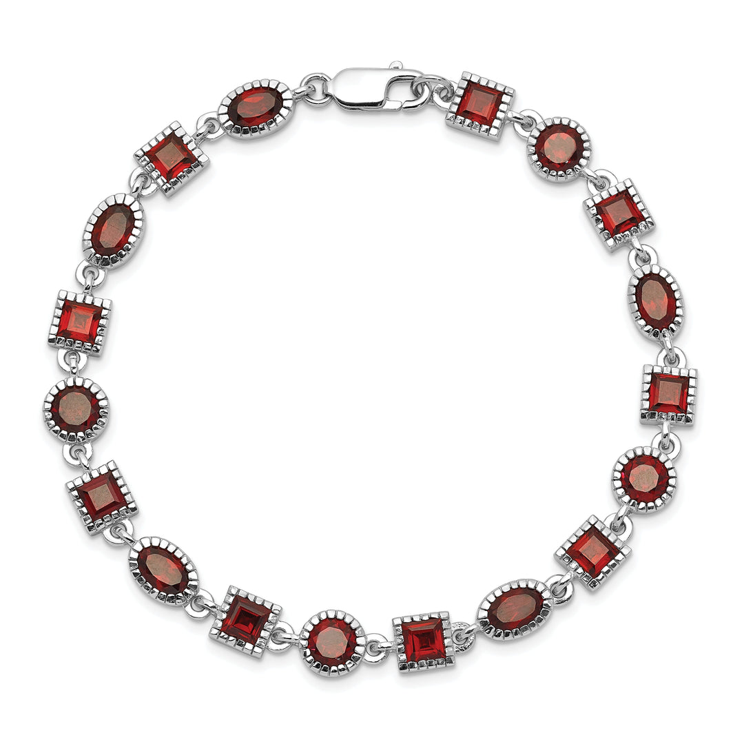 Silver Polished Finish Textured Garnet Bracelet