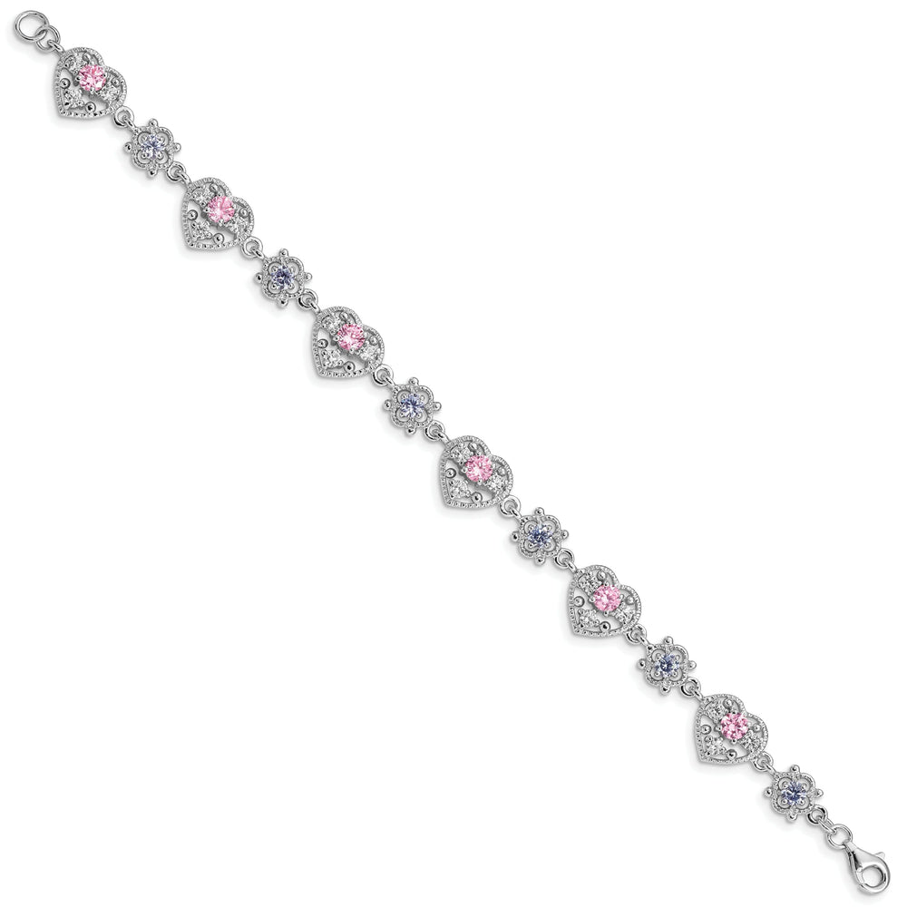Silver Pink Clear Cubic Zirconia Heart Bracelet