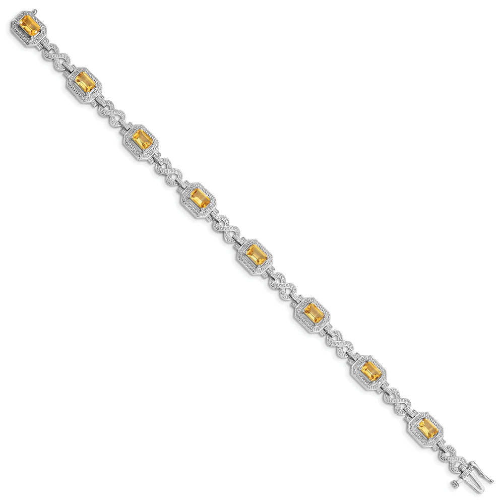 Silver Octagon Citrine Gemstone Diamond Bracelet
