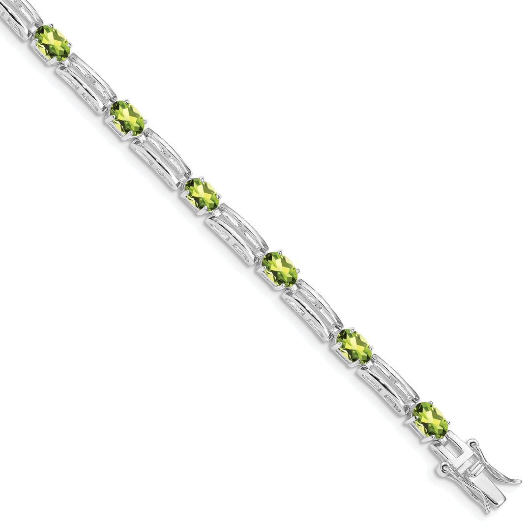 Silver Oval Peridot Gemstone Diamond Bracelet