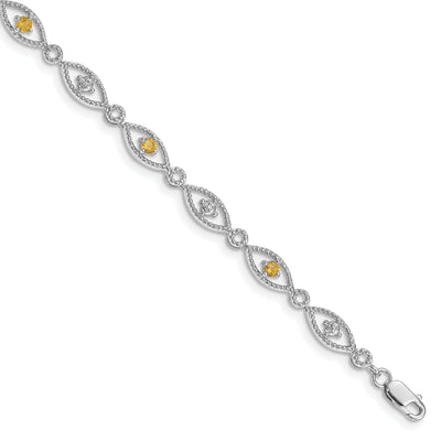Silver Citrine Gemstone Round Diamond Bracelet