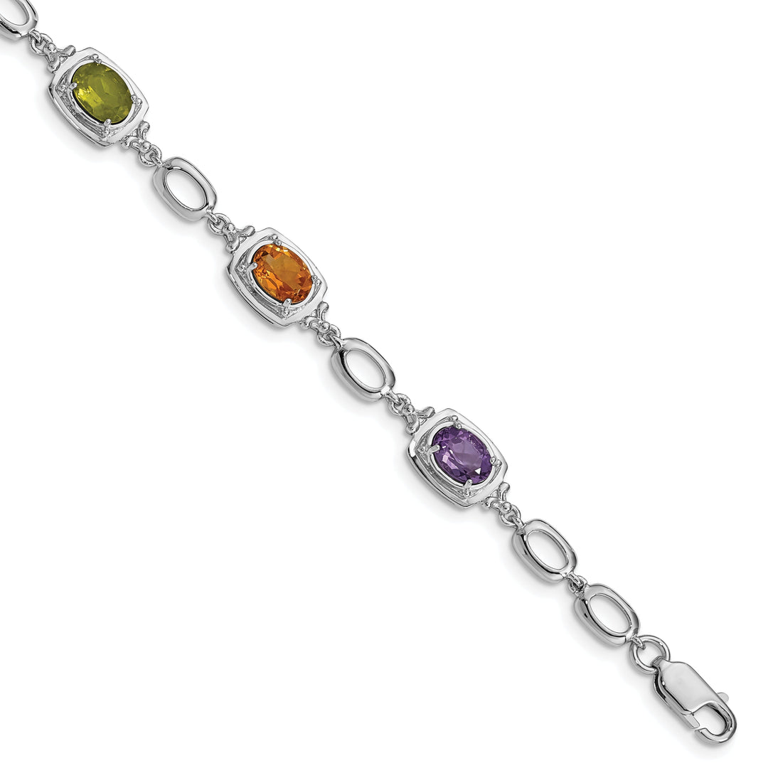 Silver Polished Multi Gemstone Link Bracelet