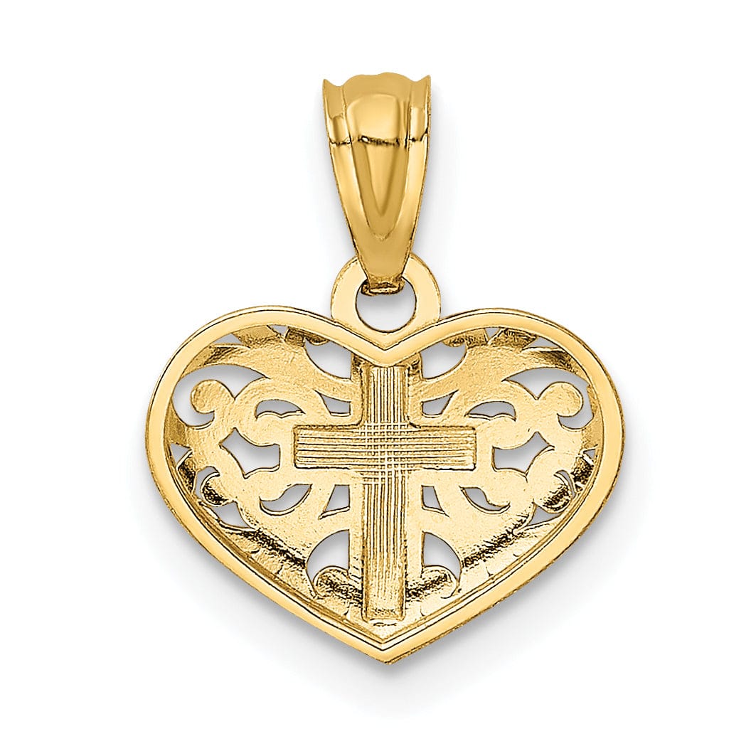 14k Yellow Gold Polished Finish Solid Concave Cross in Heart Pendant