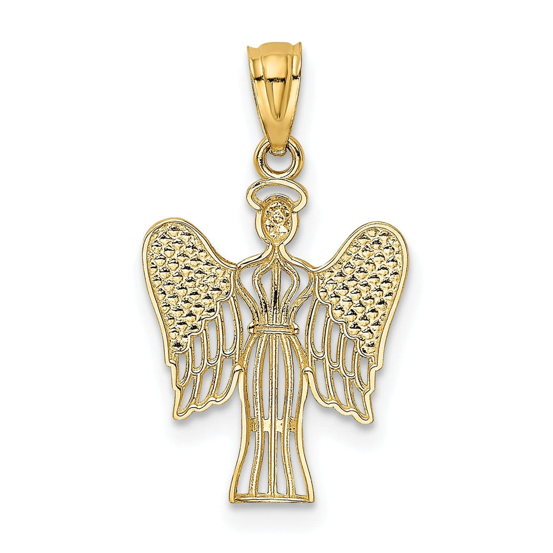14k Yellow Gold White Rhodium Polished Texture Finish Angel Pendant