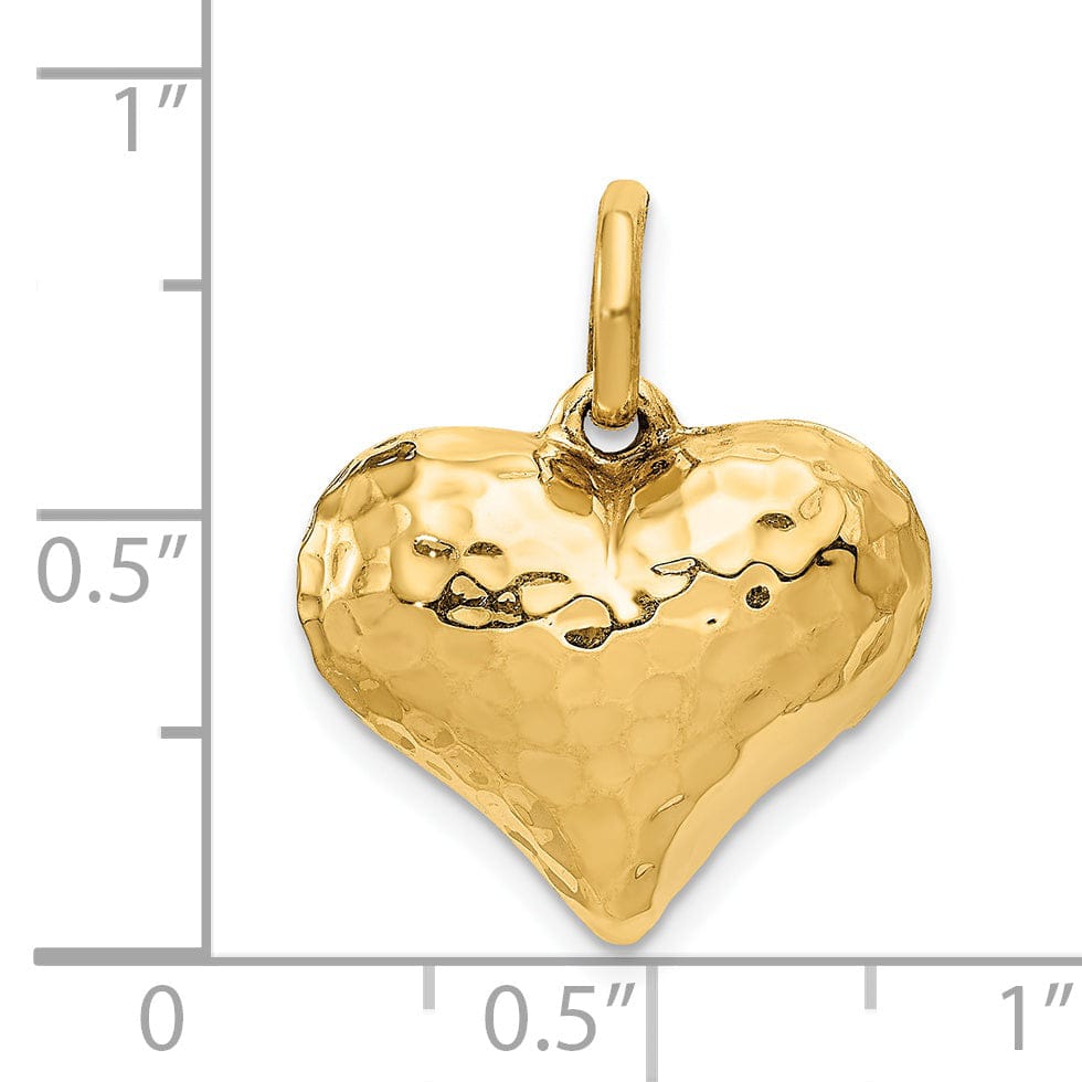14K Yellow Gold Hollow Polished Hammered Finish 3-Dimenisonal Puff Heart Design Charm Pendant
