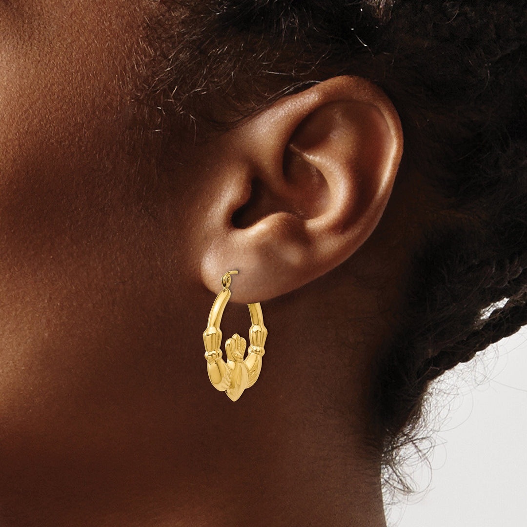 14k Yellow Gold Polished Claddagh Hoop Earrings