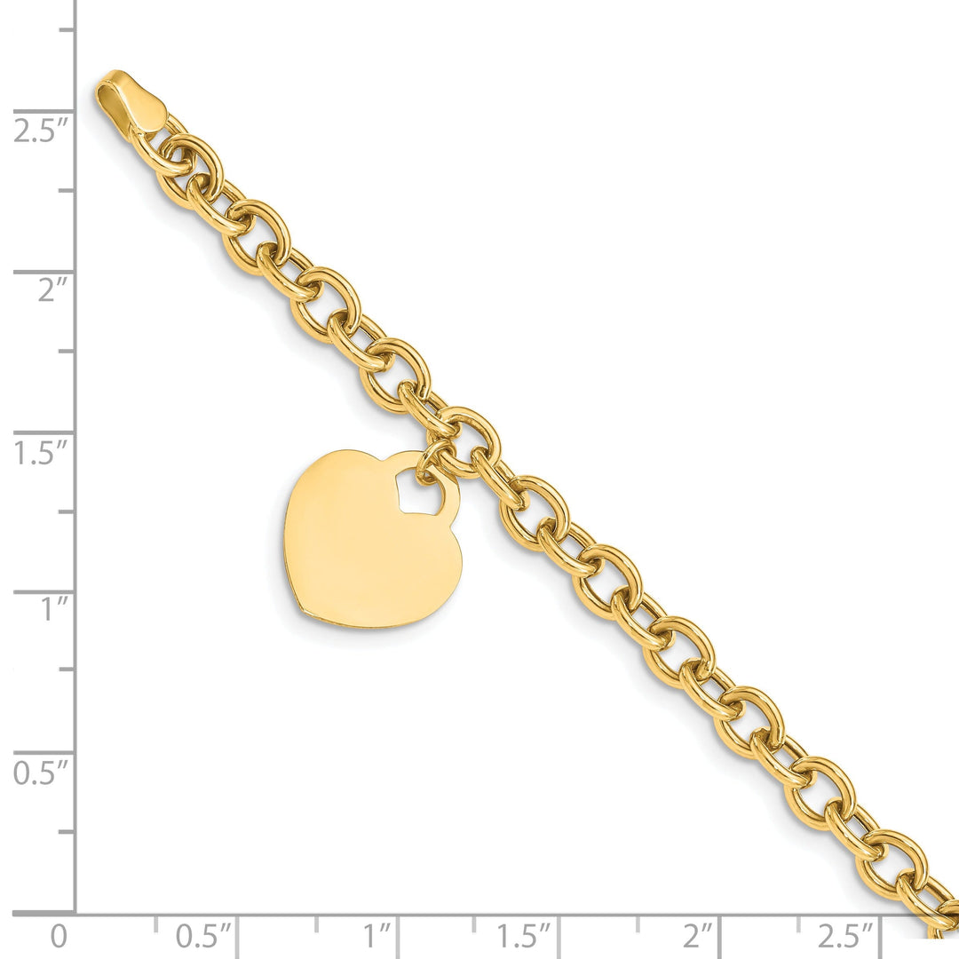 14k yellow gold link bracelet dangle heart charm 7.25-inch, 15-mm width