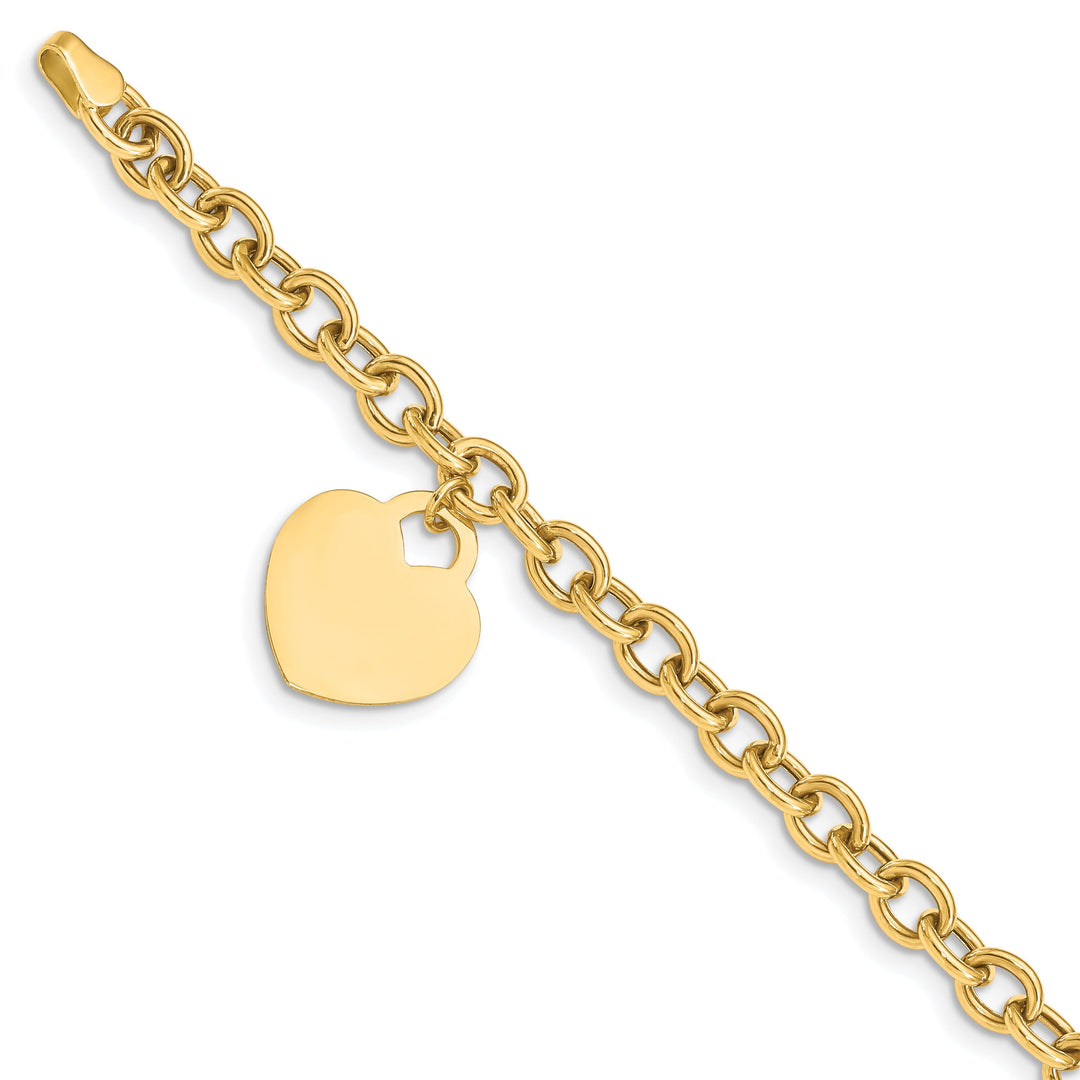 14k yellow gold link bracelet dangle heart charm 7.25-inch, 15-mm width