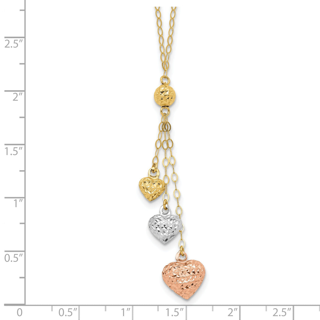 14k Tri-color Puff Heart Lariat Necklace