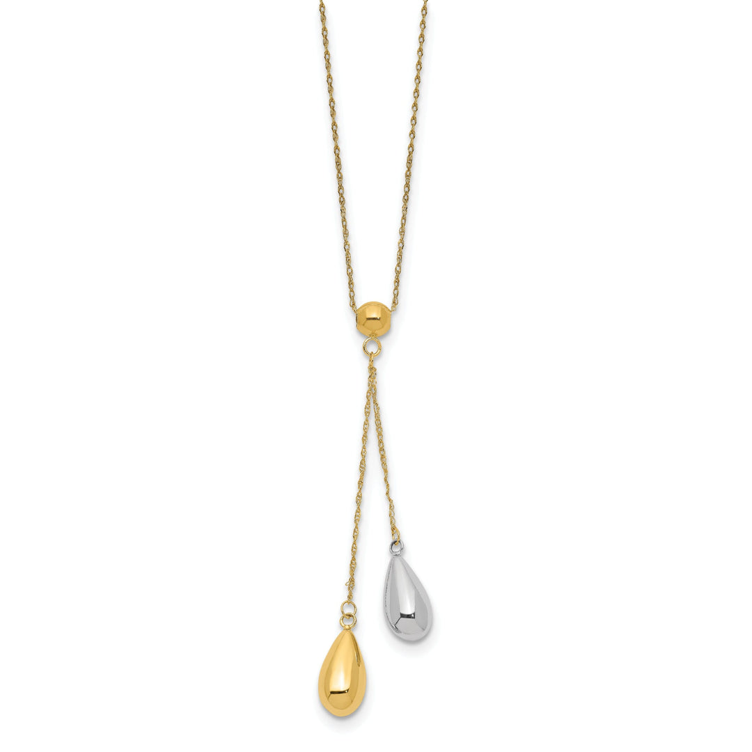 14k Two Tone Gold Puff Teardrop Lariat Necklace