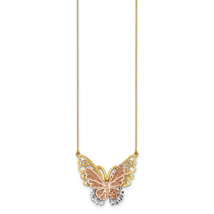 14k Yellow, Rose Gold, White Rhodium Solid Diamond Cut Finish Butterfly Design Pendant in a 18-inch Box Chain Necklace Set