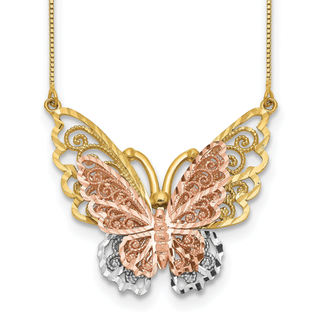 14k Yellow, Rose Gold, White Rhodium Solid Diamond Cut Finish Butterfly Design Pendant in a 18-inch Box Chain Necklace Set