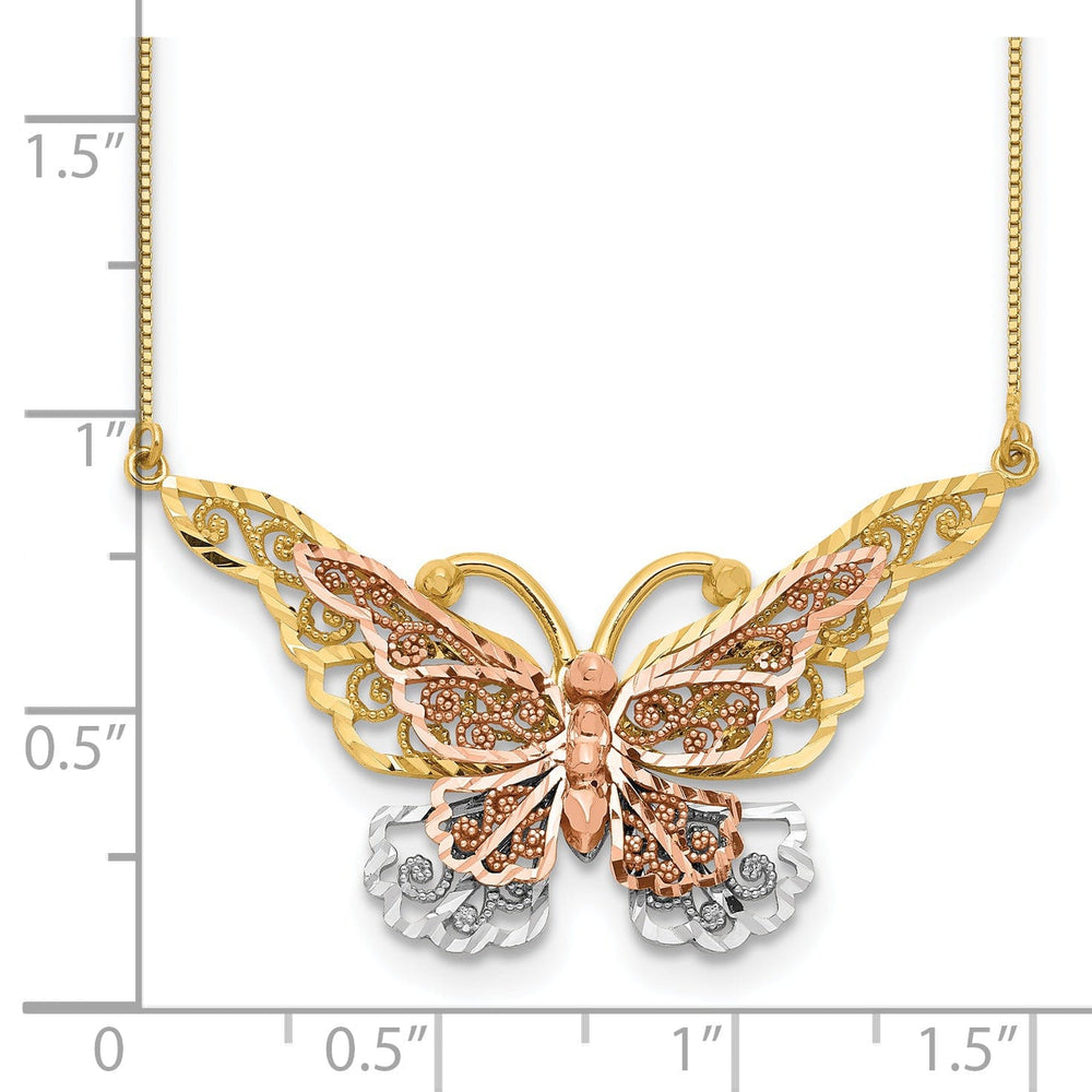14k Yellow, Rose Gold, White Rhodium Diamond Cut Finish Solid Butterfly Design Pendant in a 18-inch Box Chain Necklace Set
