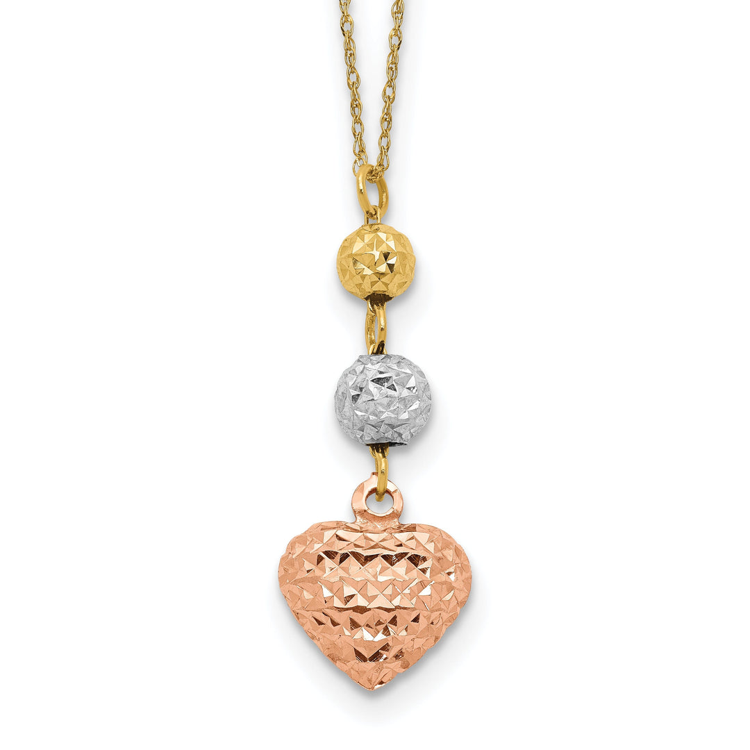 14K Tri Gold Polished Finish Solid Polished Diamond Cut Finish Beads & Heart Design with 2-inch Ext 16-inch Ropa Chain Necklace