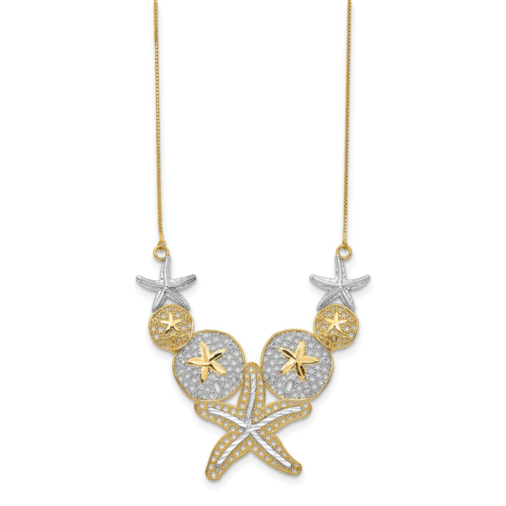 14k Yellow Gold, White Rhodium Solid Diamond Cut Finish Fancy Starfish and Sand Dollar Pendant Design in a 18-inch Box Chain Necklace Set