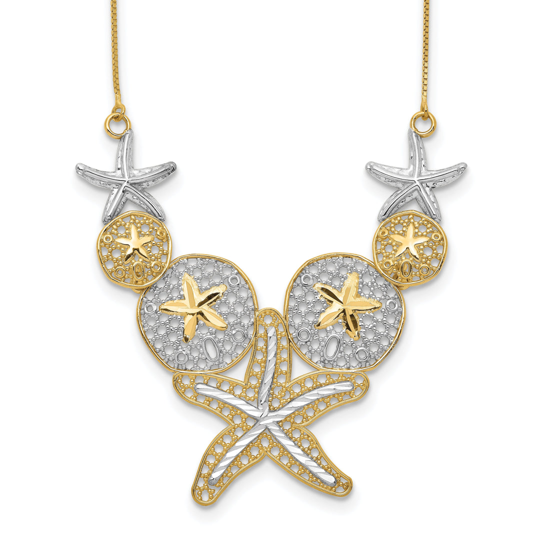 14k Yellow Gold, White Rhodium Solid Diamond Cut Finish Fancy Starfish and Sand Dollar Pendant Design in a 18-inch Box Chain Necklace Set