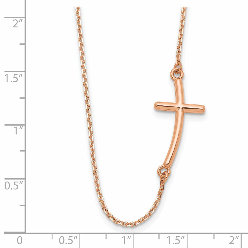 14k Rose Gold Polished Finish Large Size Sideways Curved Cross Design Pendant in a 19-Inch Cable Chain Necklace Set